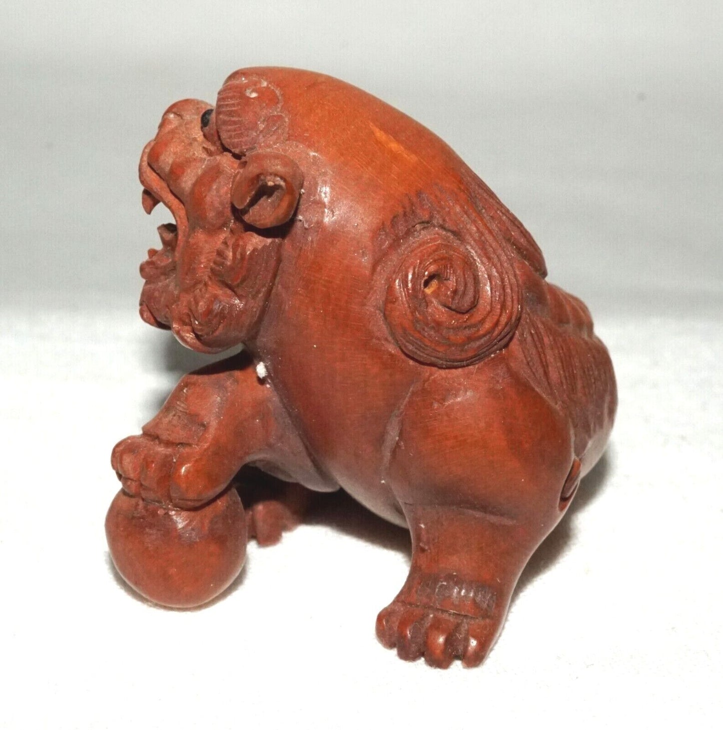 Vintage Japanese Wooden Carved Netsukes Lion Dog w. Ball Motif Signed (FeH