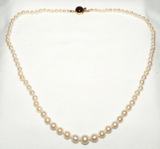 Vintage Graduated Pearl Necklace 17" w. 14k Yellow Gold & Garnet Clasp (KoS) L15