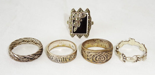 5x Vintage Sterling Silver Rings Sz 6 & 8, Celtic, Onyx, French, Feet Motif(Pir)