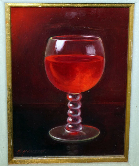 Vintage US Framed Oil Still Life Painting Wine Glass by A. Hansen (FeO)