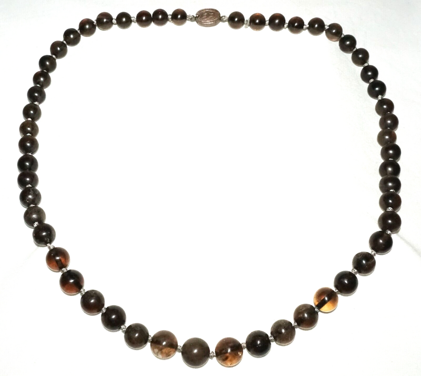 Vintage Chinese Smokey Quartz Bead Necklace w. Silver Clasp 25" (InS)#L2