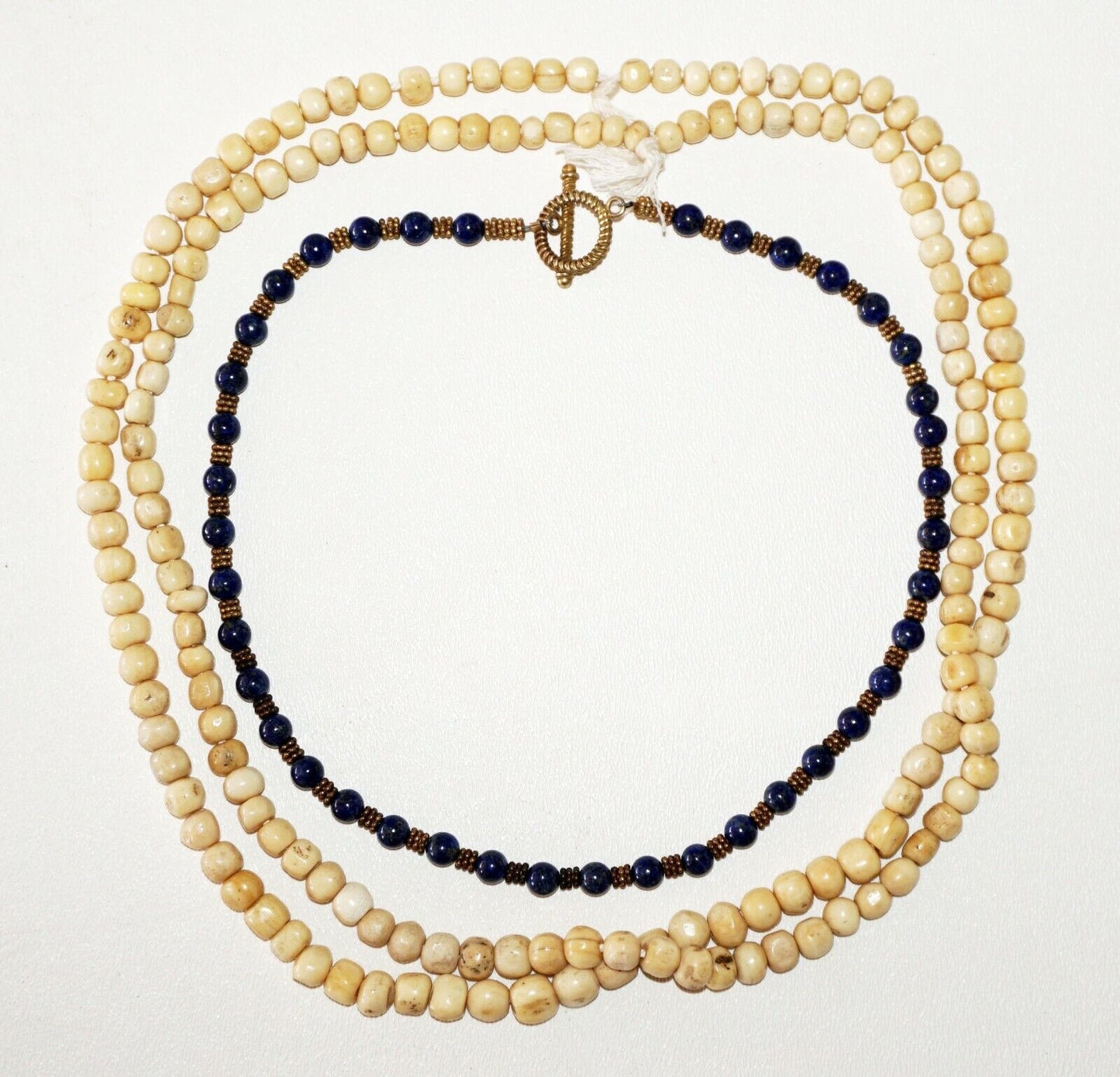 2+1x Antique Bone Bead & Brass & Lapis Lazuli Bead Necklaces (Bsg)#38