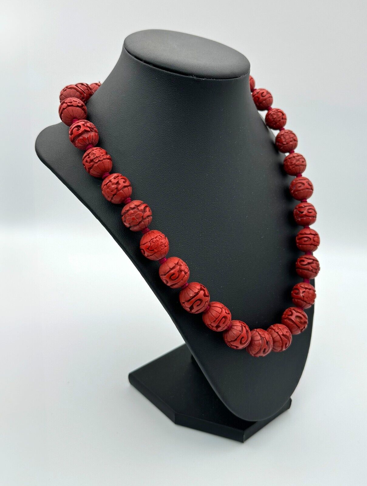 Vintage Chinese Hand-Carved Cinnabar Red Bead Necklace w Sterling Clasp (MiM)