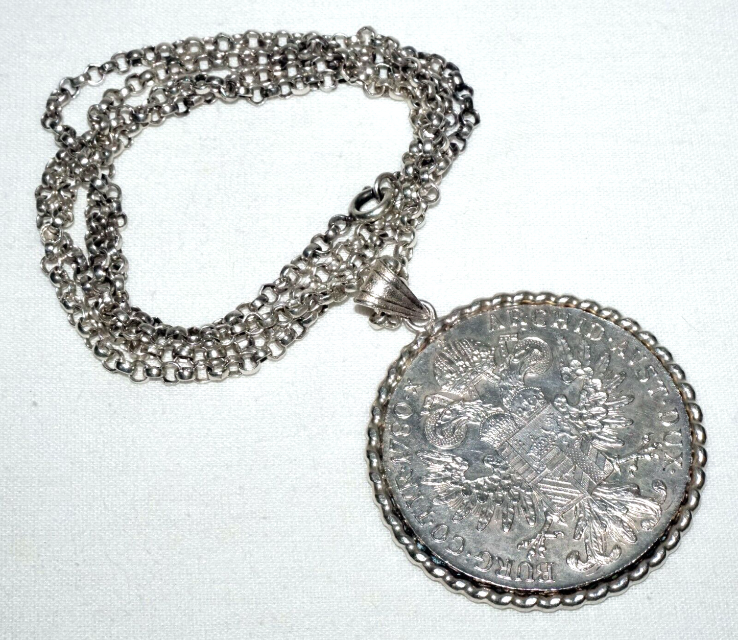 Vintage Egyptian Silver Necklace w. 1780 Austrian Silver Coin Pendant (KoS) L9