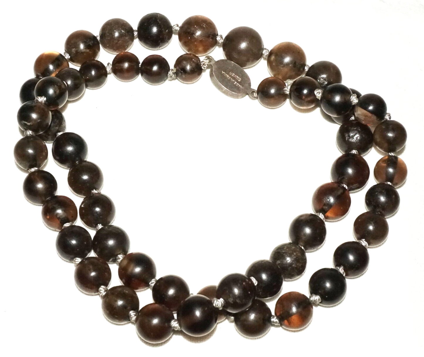 Vintage Chinese Smokey Quartz Bead Necklace w. Silver Clasp 25" (InS)#L2