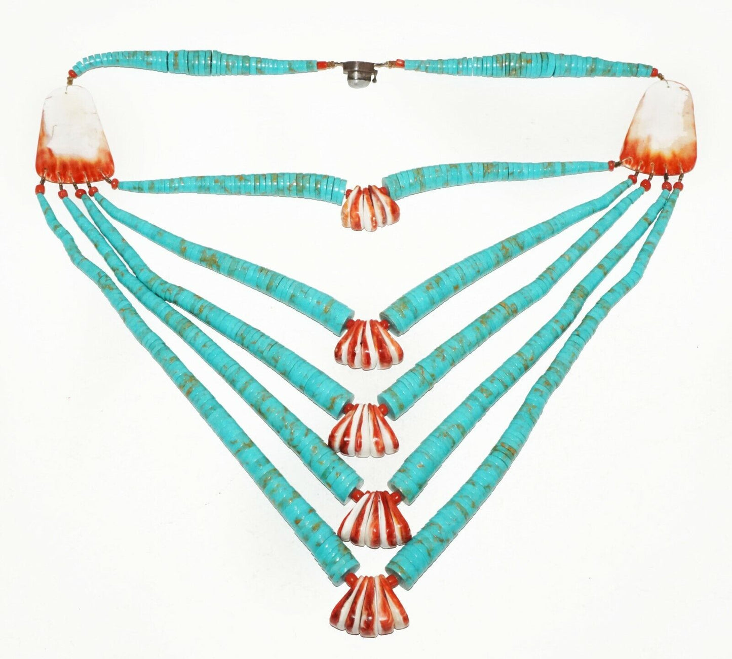 US Aboriginal Tribal 5 Strand Turquoise Bead & Red Shell Necklace (HaY)#20