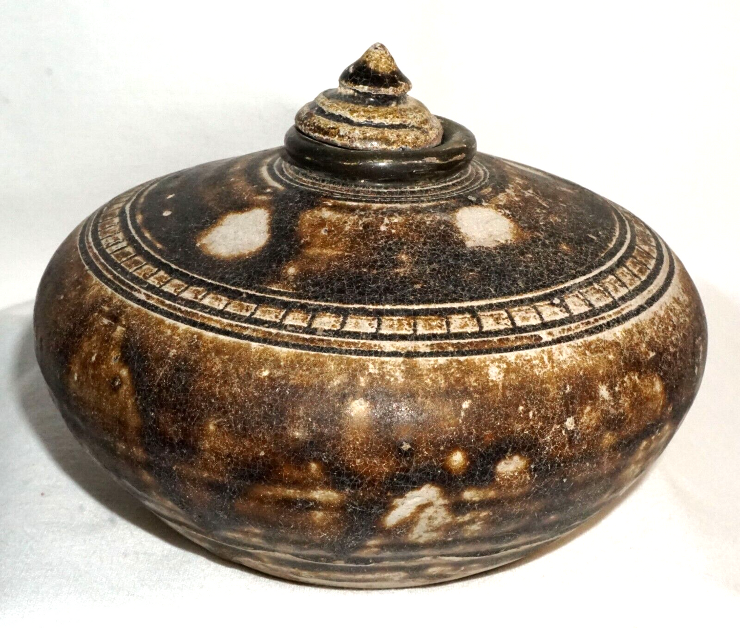 12C Antique Cambodian Khmer Brown Glaze Stoneware Covered Pot or Jar (JSt) 27