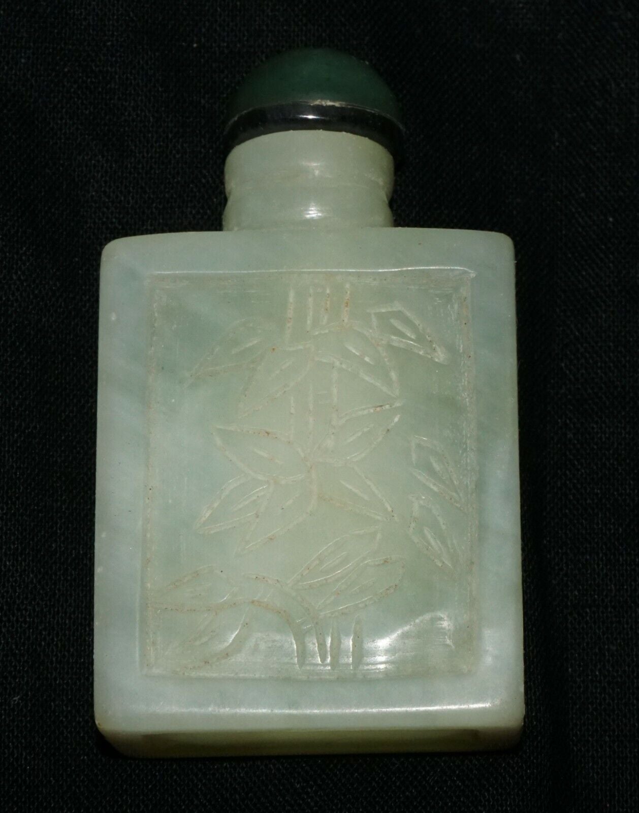 Vintage Chinese Jade Carved Snuff Bottle w. Bamboo Motif & Jade Stopper (LeS) G2