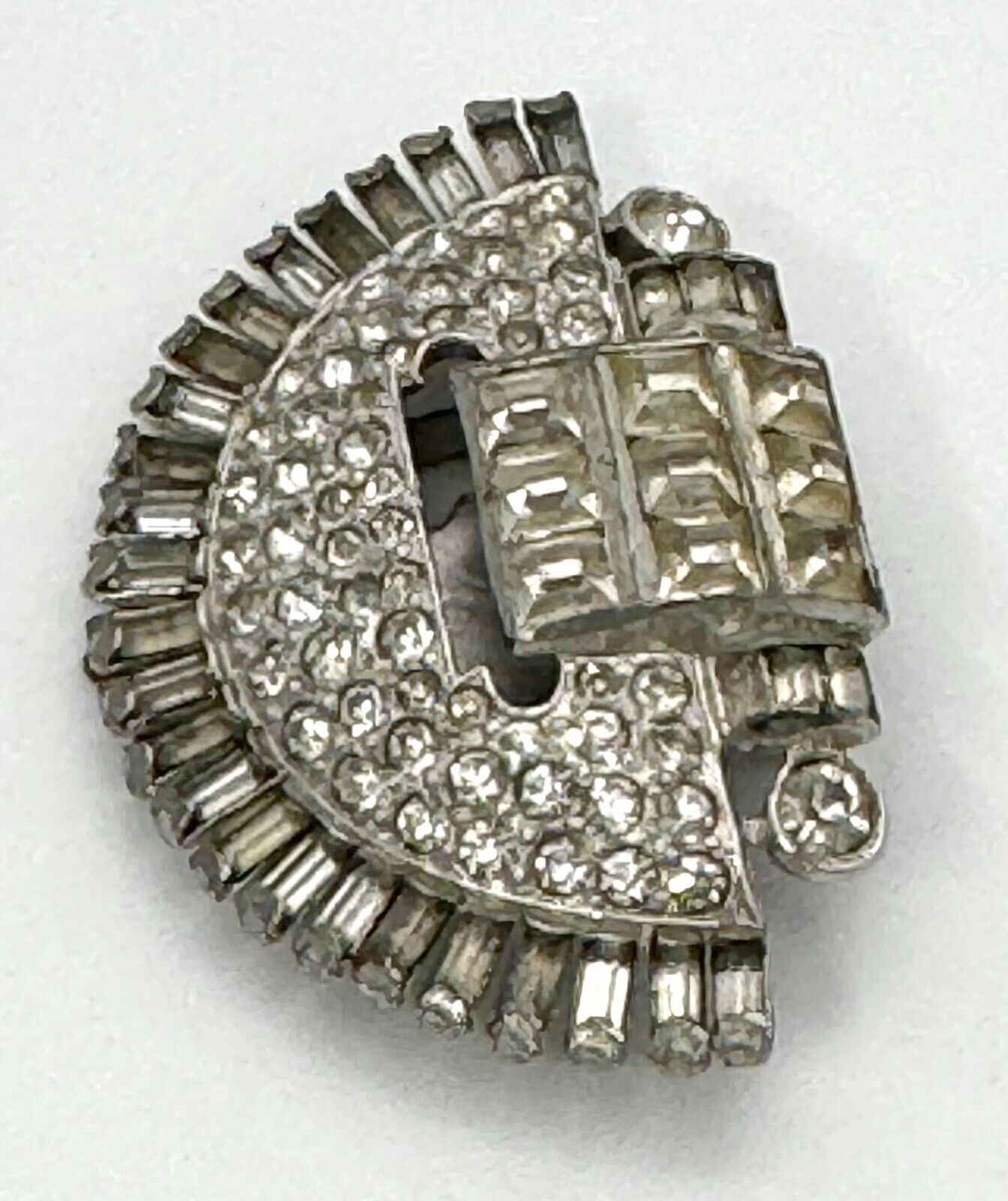 Vintage Silver Tone Rhinestone Dress Clip w Round & Square Stones (McC)