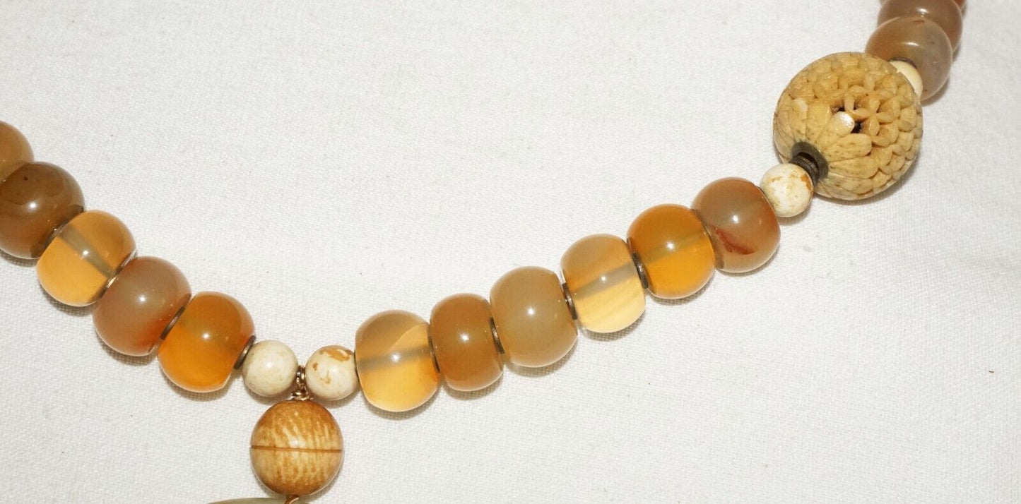 Chinese Yellow Semi Translucent Hard-stone Bead Necklace w. Jade Pendant (PaS)