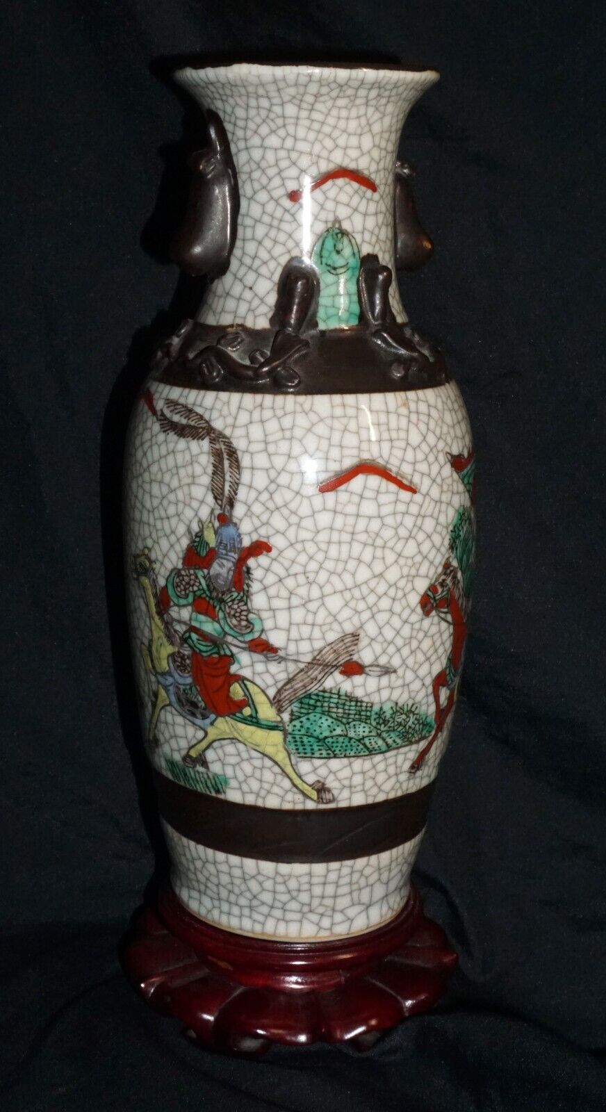 1900 Chinese Pottery Vase w. Crackled Finish Warrior on Horses Motif (ChT) IC