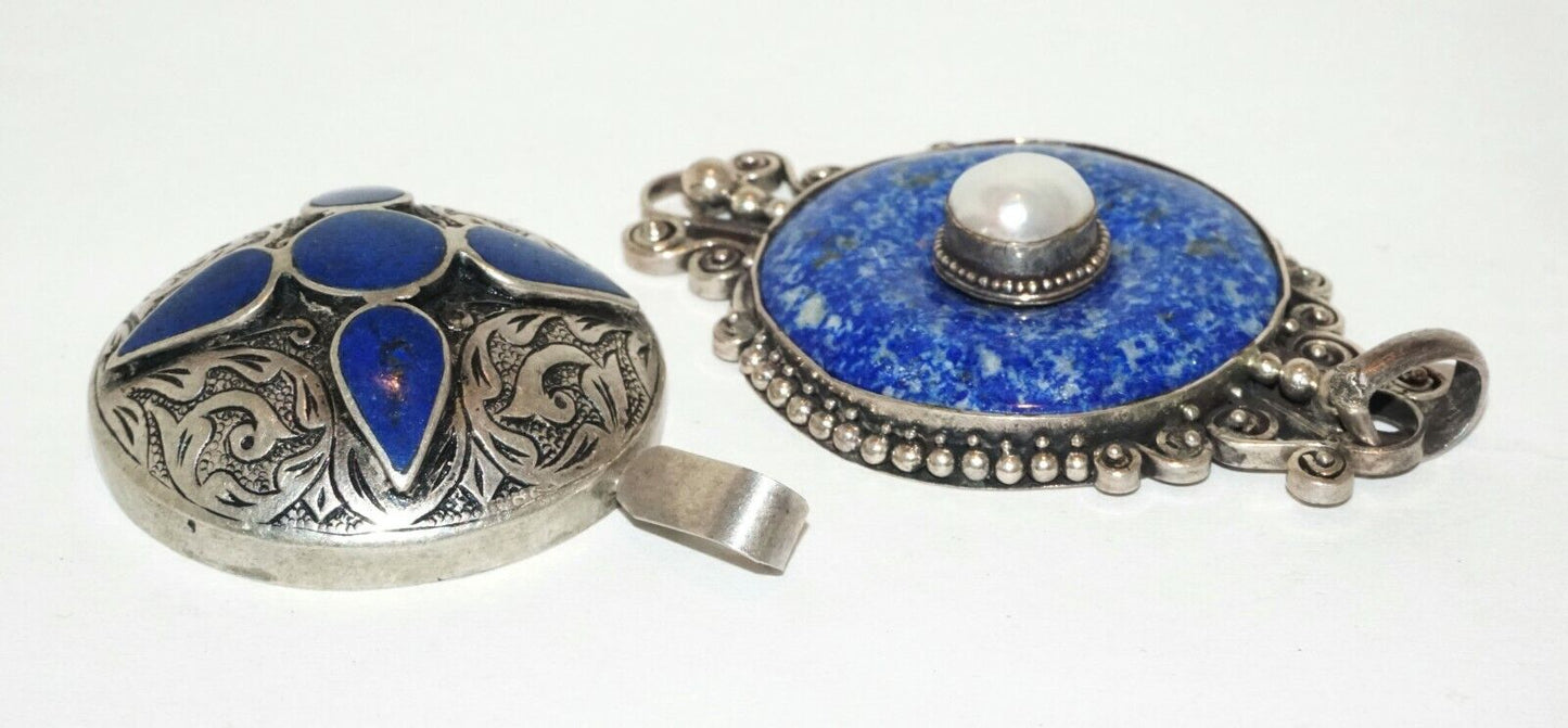 2Pc Vintage Sterling Silver Pendants w. Lapis Lazuli & Sodalite & Pearl (HaL)#18