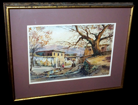 Vintage Turkey Watercolor Painting Village Street w. Figures by Arthur S. (New)