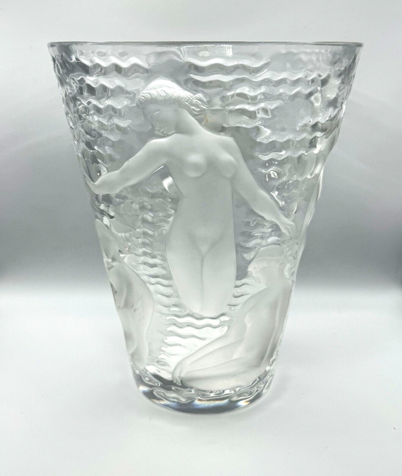 Vintage French Frosted Crystal Lalique Ondines Nudes Vase (AHB)