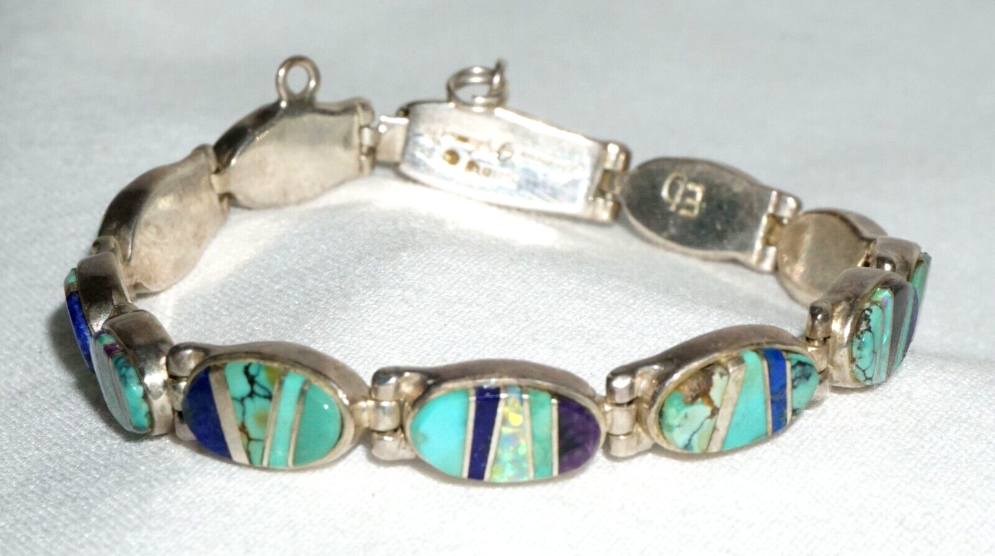 Vtg Navajo Sterling Silver & Gemstone Bracelet Santa Fe Evangeline David (JoD)