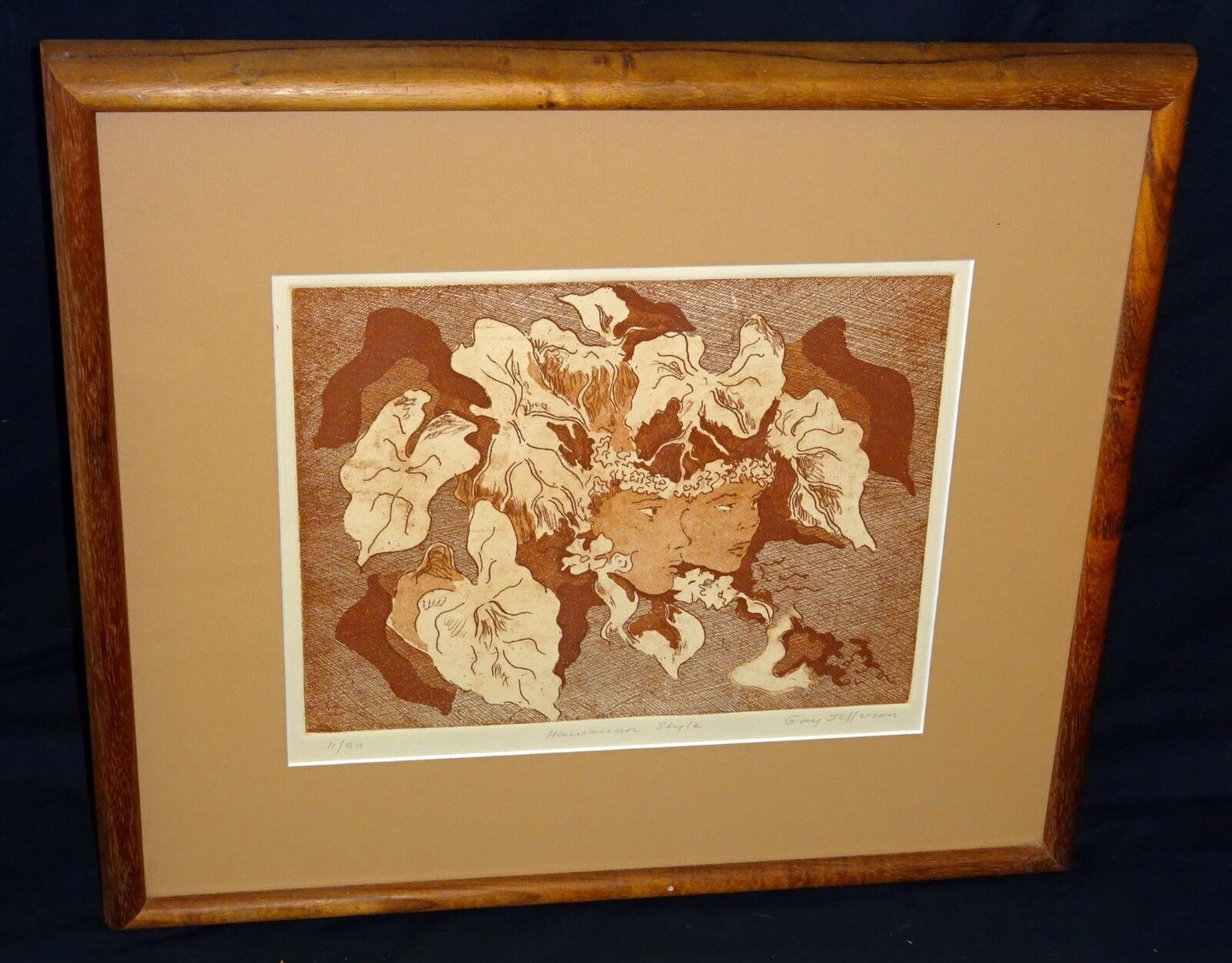 '80s Hawaii Sepia Etching Print 11/20 "Hawaiian Style" by Gay Jefferson (Wil)