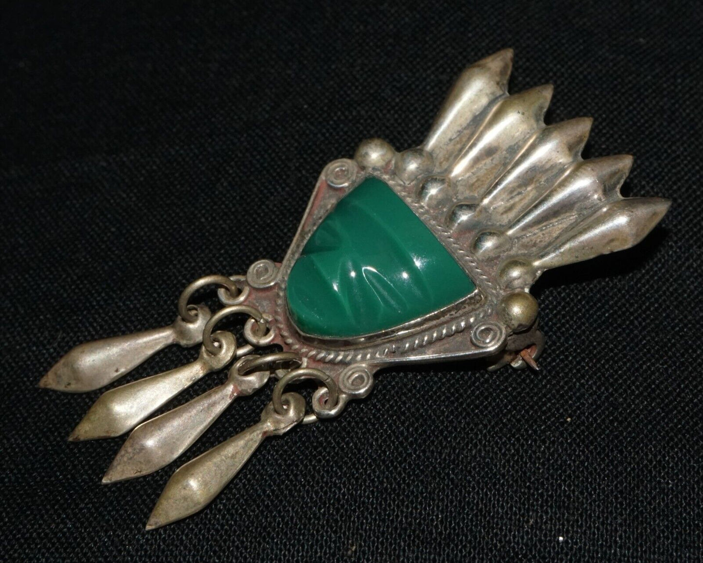 Vintage Mexican Indigenous Mask Motif Sterling Silver & Synthetic Brooch (FeH)