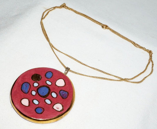 Vintage Gold Plated Necklace w. Pottery Disk Pendant in Multicolor Enamels (---)