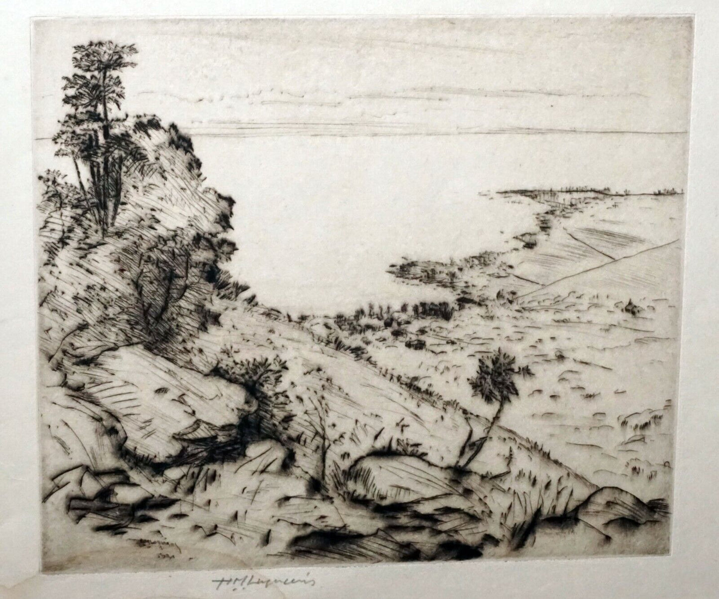 1934 Hawaii Etching Print "Kona Shore" by Huc M. Luquiens (1881-1961)(DAT)#30