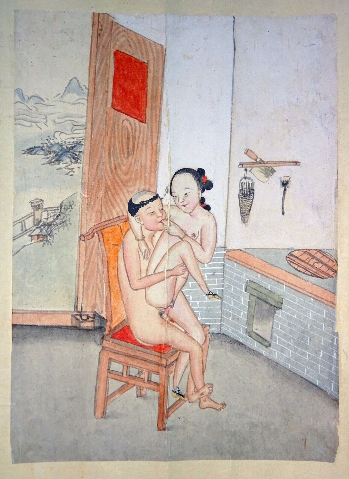 19C Chinese Erotic Pillow Color Paintings for Newly Married Couple (SoM)#6