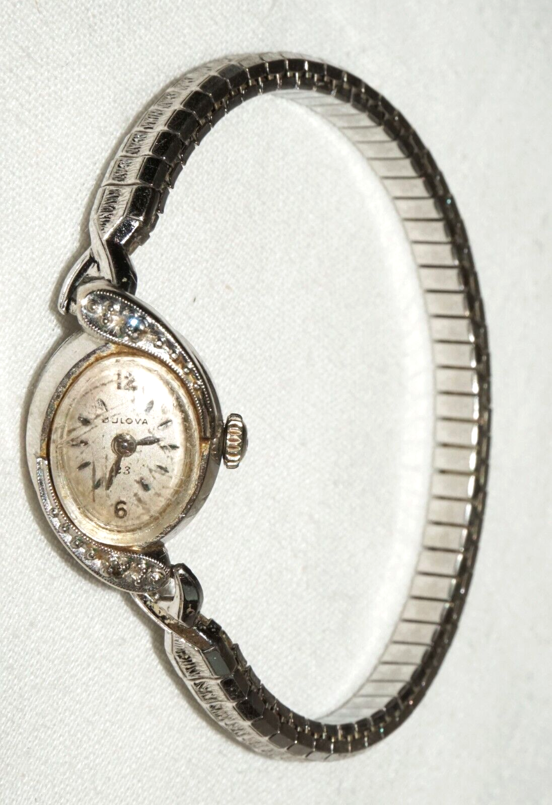 Vintage 10k White Gold Plated Ladies Wristwatch & Stainless Steel Band (MuS)