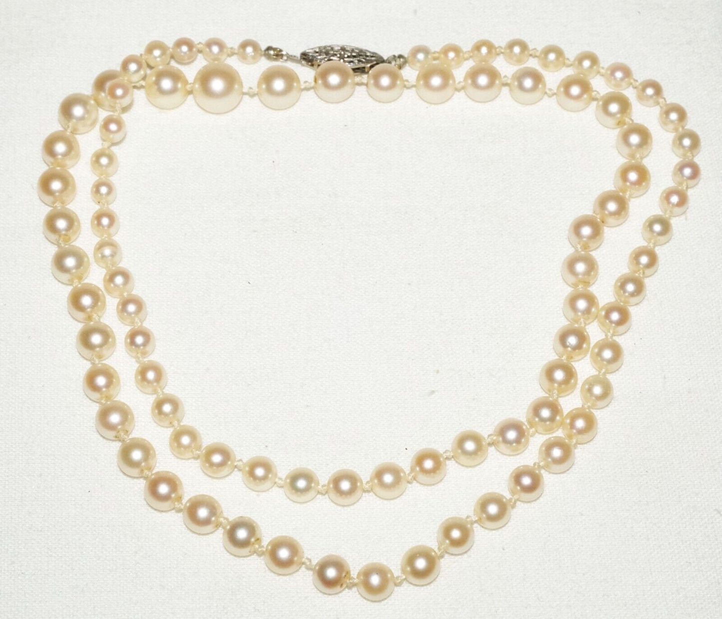 Vintage Graduated Pearl Necklace 23" w. 14k White Gold Filigree Clasp (KoS) L15