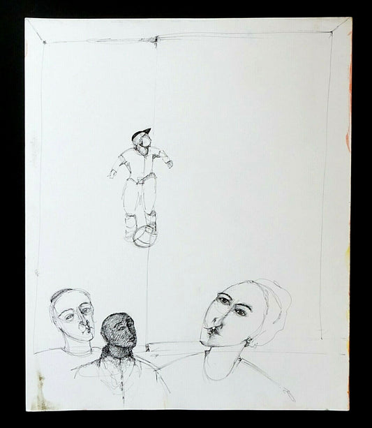 France HI Outsider Art Pen & Ink Painting Judaica Family Claude Vedel (EtJ)#52