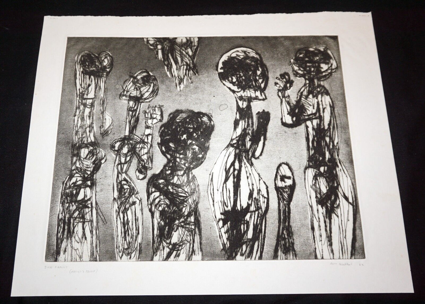 '62 California Abstract Etching Print "Sick Family" by William Hesthal (Mod)