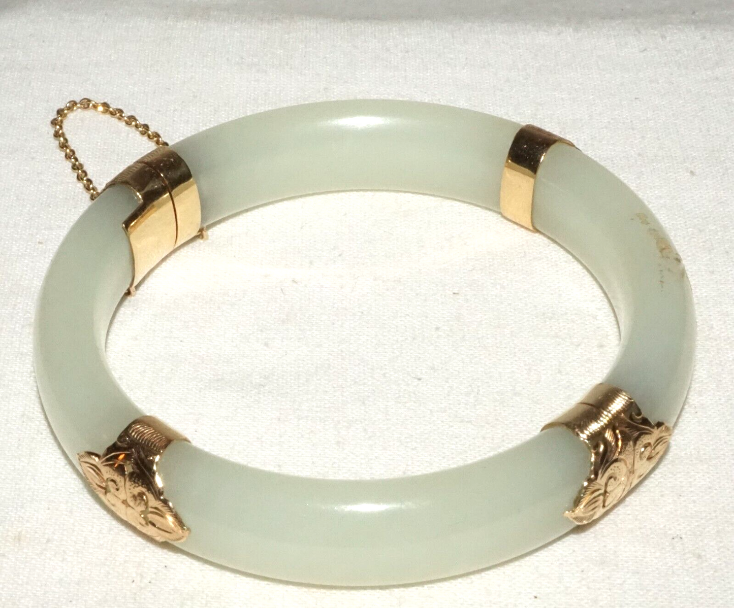 Vtg Chinese 14k Yellow Gold & Pale Green Jadeite Jade Bracelet Ming's (LeS)L25