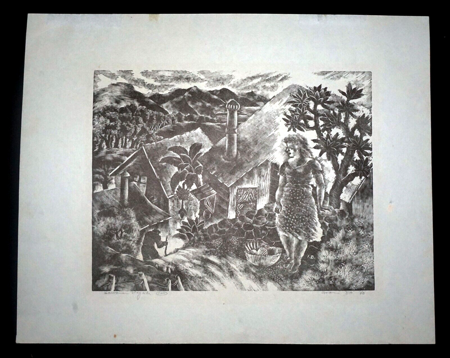 1940 Hawaii Linocut Print Hawaiian Wayside by Isami Doi (1903-1965) (LLA)