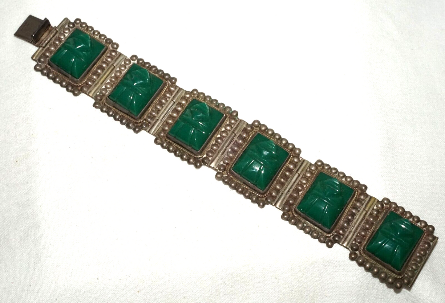 Vtg Mexican Modernist Sterling Silver & Green Synthetic Accents Bracelet (TuD)