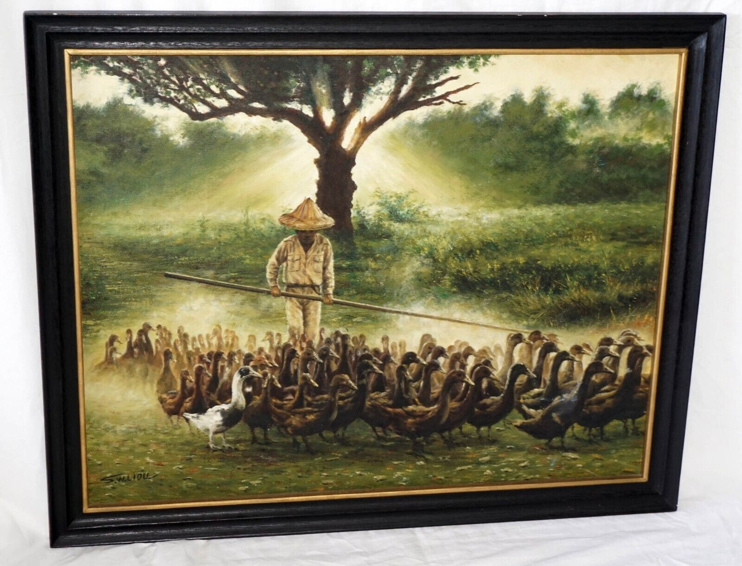 1970s Chinese Framed Oil Painting Man Herding Ducks by S.W. Liou (HoJ)