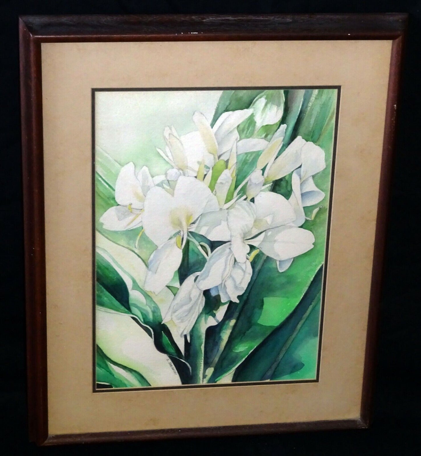 1970s Hawaii Koa Framed WC Painting "Ginger Flowers" by S. Yamauchi (StP)