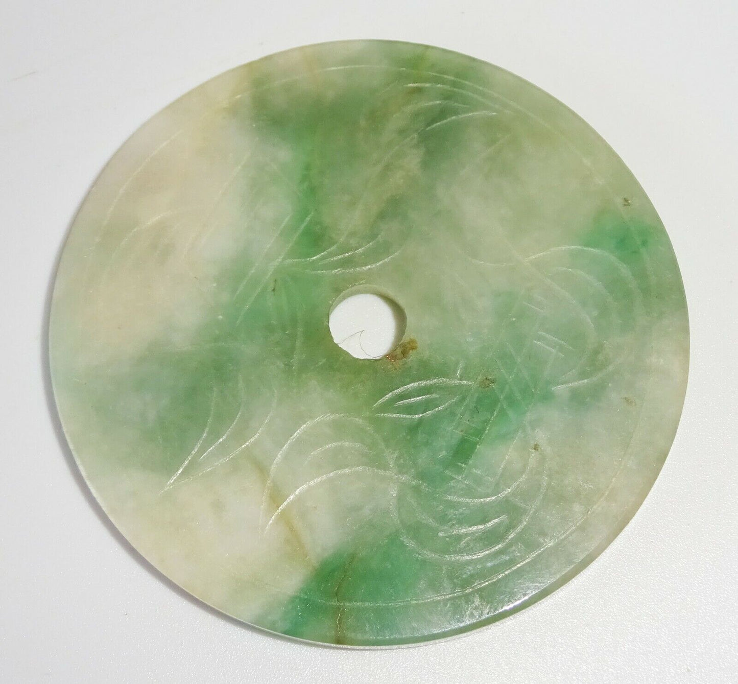 20C Chinese Jadeite Jade Incised Petal Motif Disk Carving (FeO) #37a