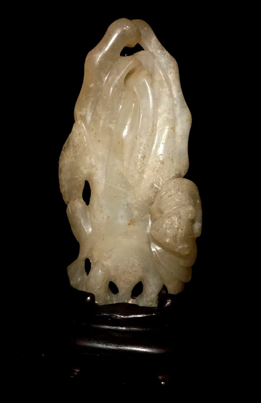 Antique Chinese Yellow Jade Buddha Hand Lemon & Bat Carving Fitted Stand (FeH)