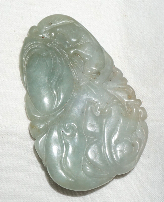 Vintage Chinese Well Carved Jadeite Jade Pendant Peach Feline & Toad Motif (***)