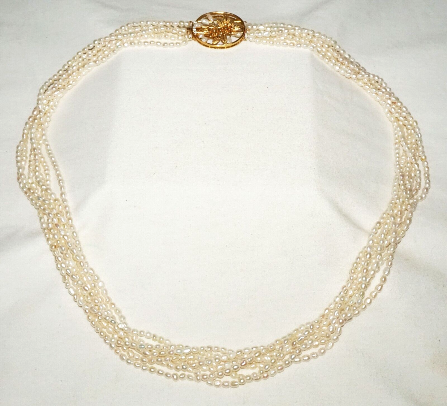 Vtg. 7x Strand Mini Baroque Pearl Necklace w. Gold Plated Floral Clasp (GoB) #20