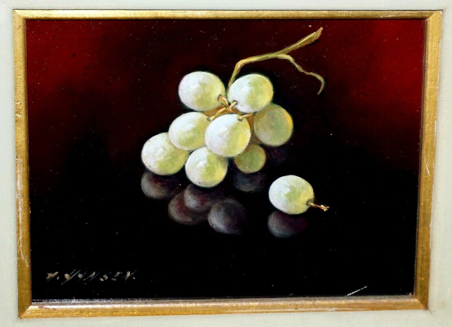 Vintage US Framed Oil Still Life Painting Green Grapes by A. Hansen (FeO)