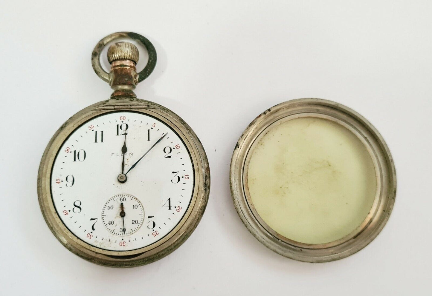 1911 US Silver Plated Open Face Hinged Back Mens Pocket Watch by Elgin (AHB)