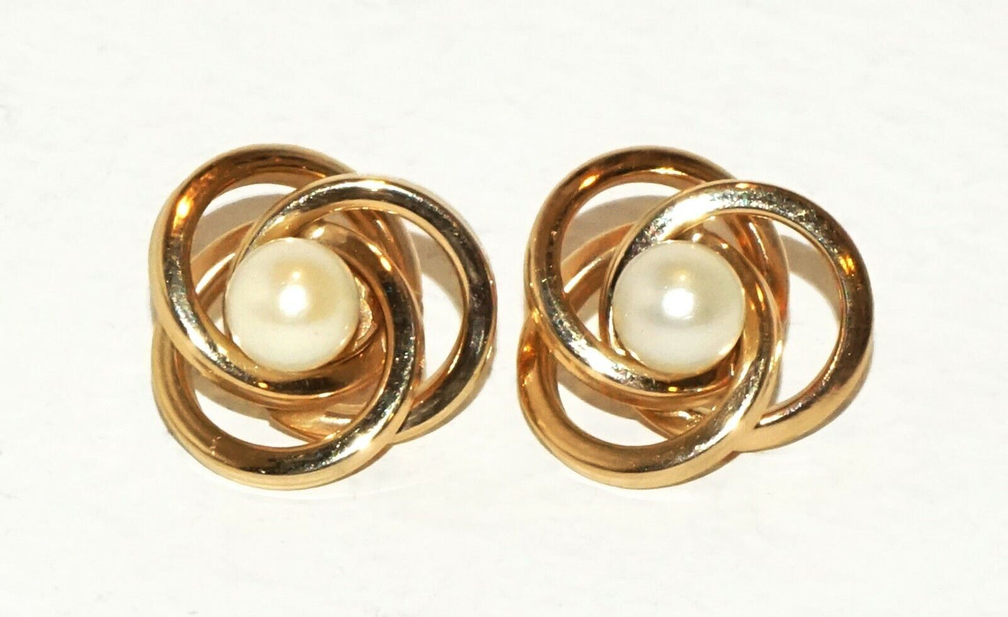 Pair Vintage 14K Yellow Gold Triple Ring and Pearl Design Earrings (HaL)#3