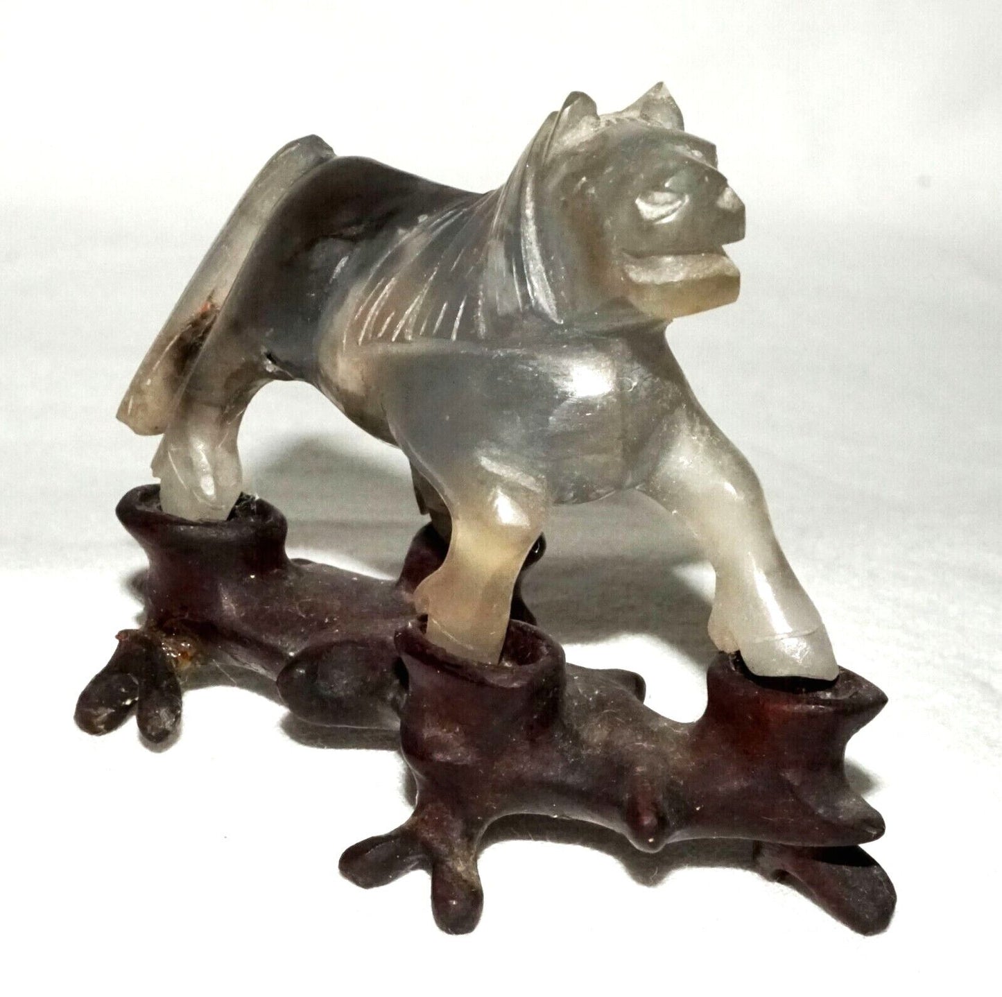 Vintage Chinese Gray & Purple Fluorite Carving Frolicking Horse on Stand (FeH)