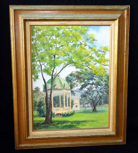 1970s Hawaii Oil Painting "Iolani Palace Bandstand" by Margaret McMillan (GrA)