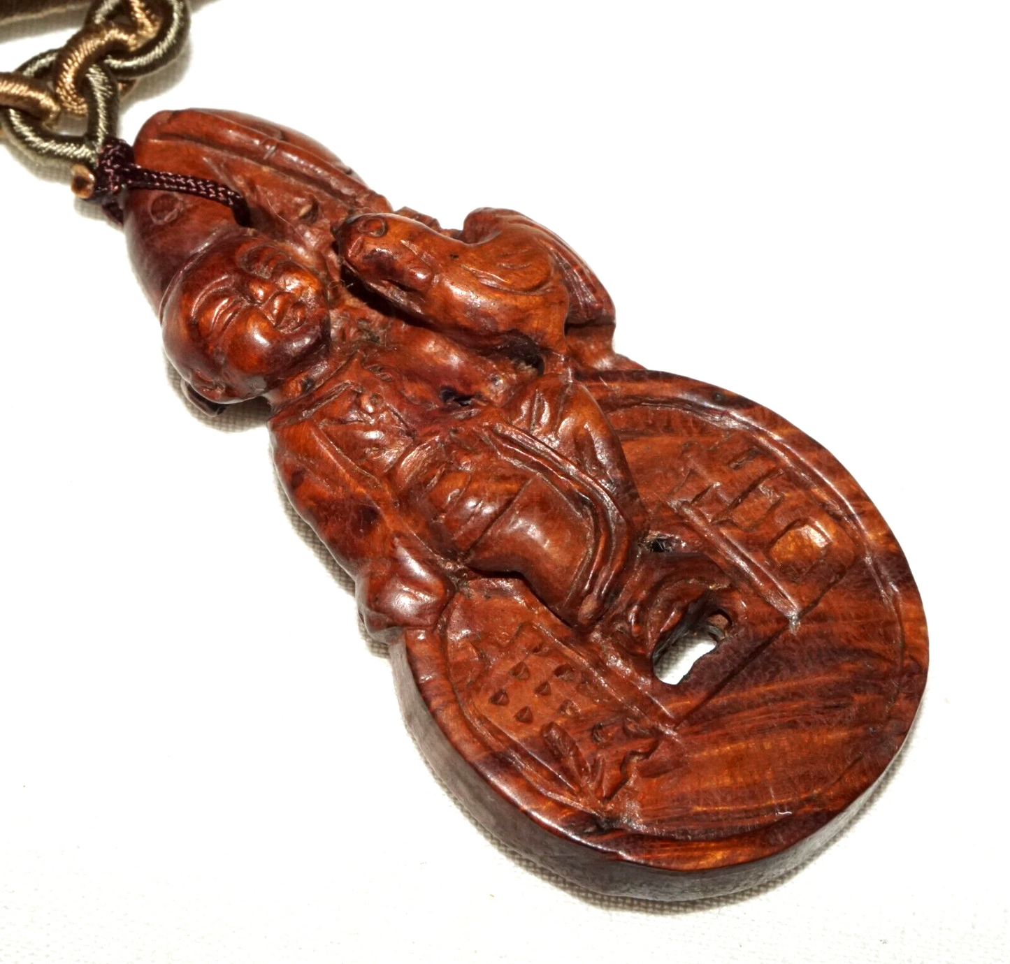 Vintage Chinese Wooden Pendant Carved Boy on Coin & Double Carp Motif (LeS)L21