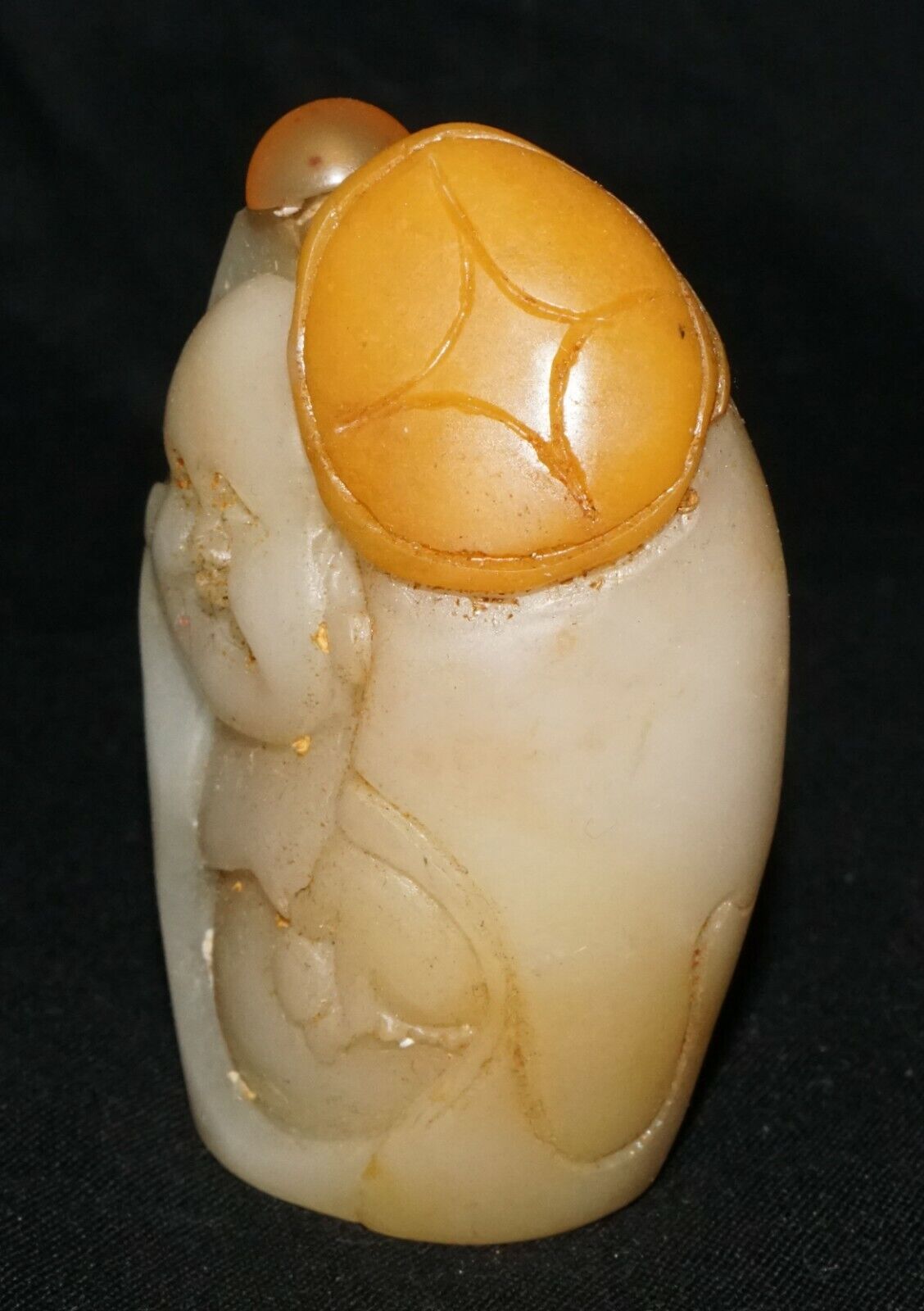 Chinese White Jade Pebble Carved Snuff Bottle w. Laughing Buddha Motif (LeS) G2