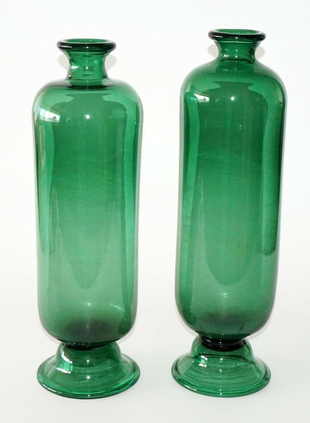 19C Pair English Birmingham 18" Tall Footed Green Glass Bottle Vases (FLA)