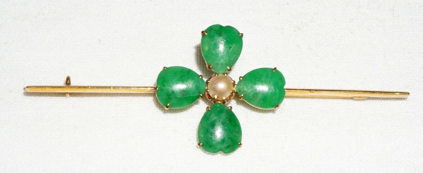 Vtg Chinese 18k Yellow Gold Four Leafed Clover Jadeite Jade & Pearl Brooch (InS)