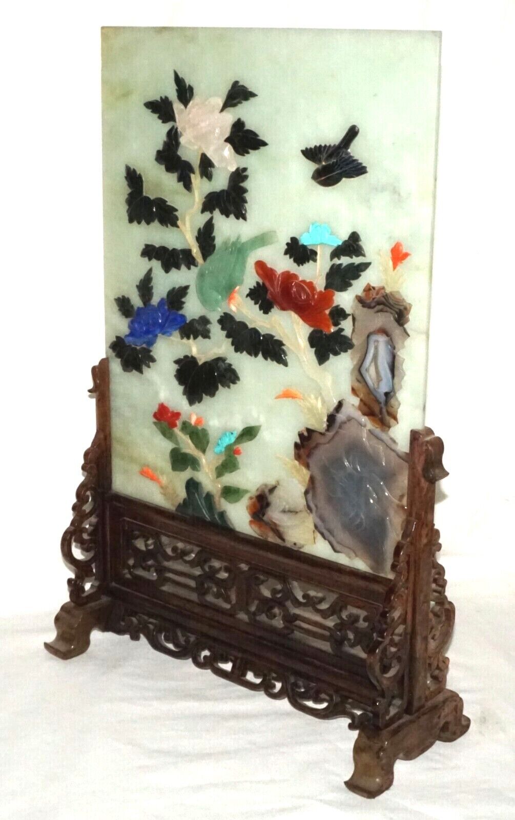 Vintage Chinese Serpentine Table Screen Gemstones Birds & Flowers on Stand (LeD)