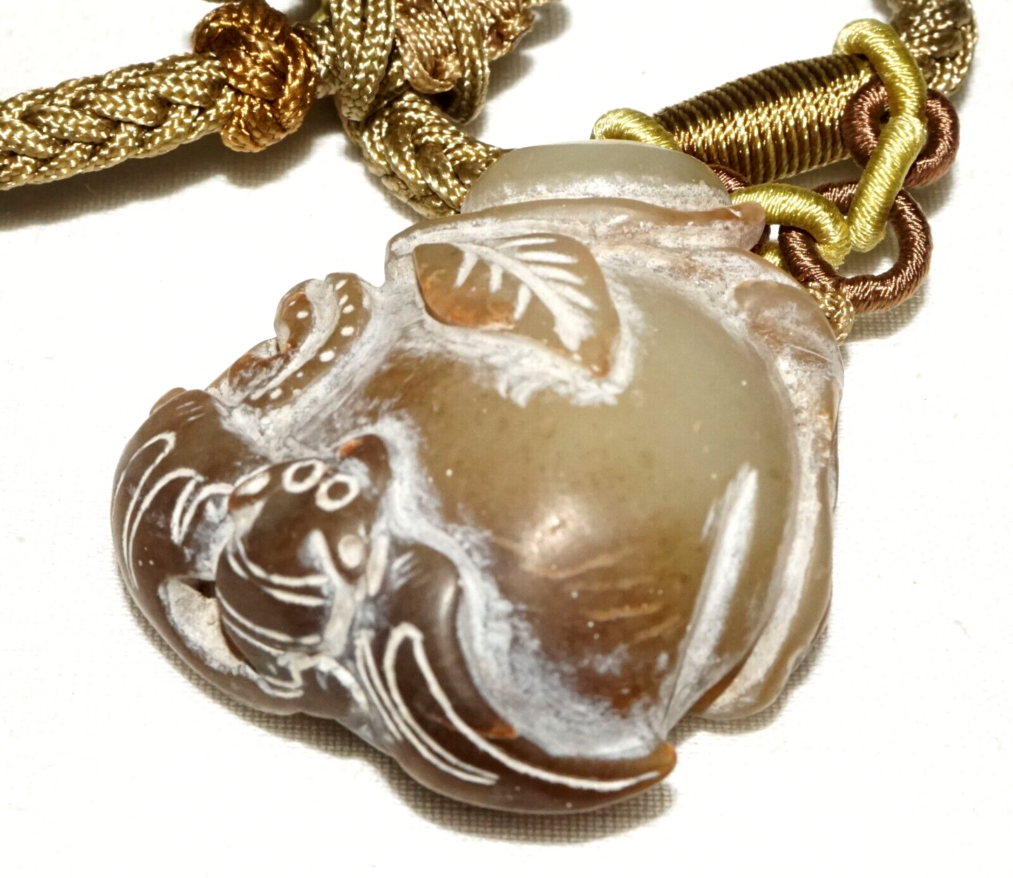 Vintage Chinese Soapstone Carving w Bat on Peach Motif & Cord Necklace (LeS)L20