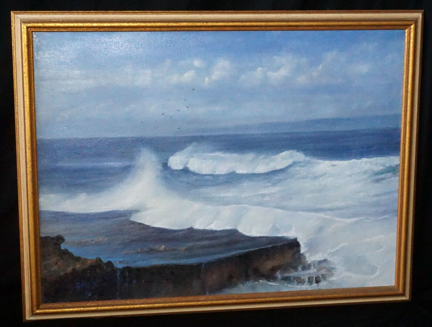 '72 Hawaii Oil Painting "Ocean Waves Crashing on Rocky Lava Shelf" Y. Gee (AkM)