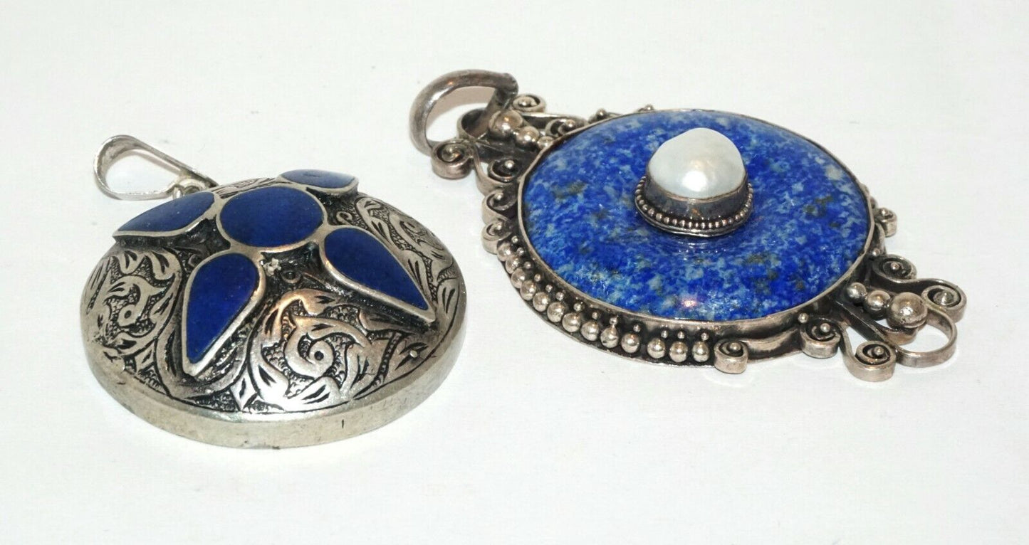 2Pc Vintage Sterling Silver Pendants w. Lapis Lazuli & Sodalite & Pearl (HaL)#18